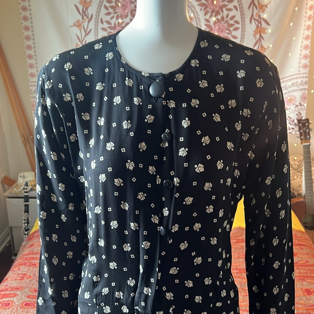 Liz Claiborne MAXI Long-Sleeve Black Dress Size UK 10 w/buttons